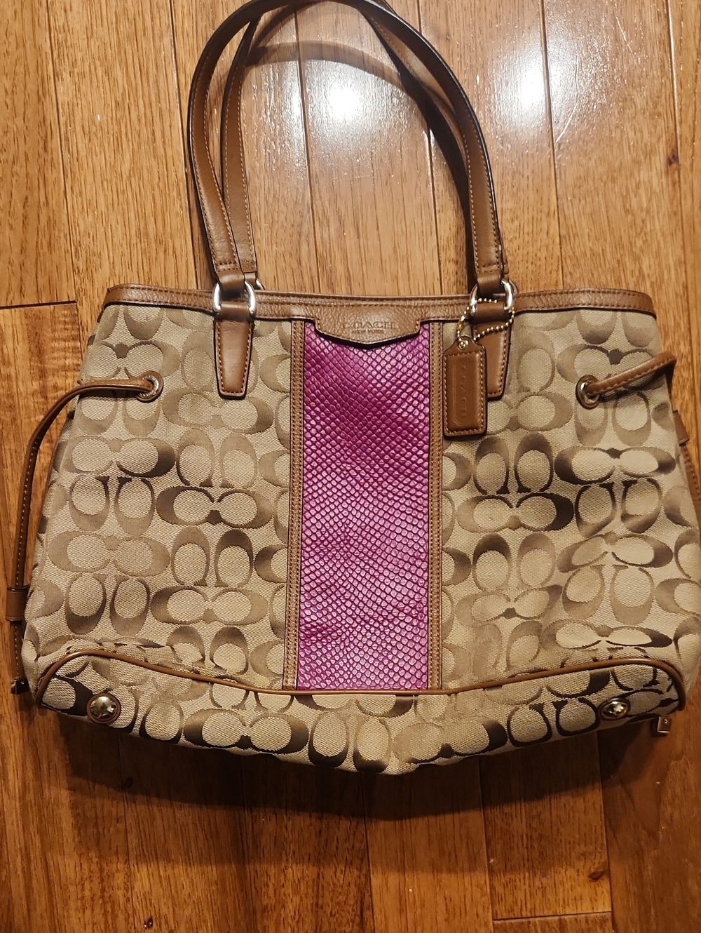 Coach Tan Signature Tote with Pink Center Panel